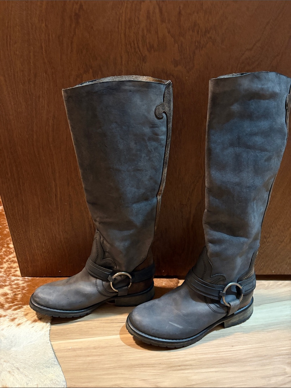 Steve Madden Tall Gray and brown Leather Riding Boots with Buckle Accent